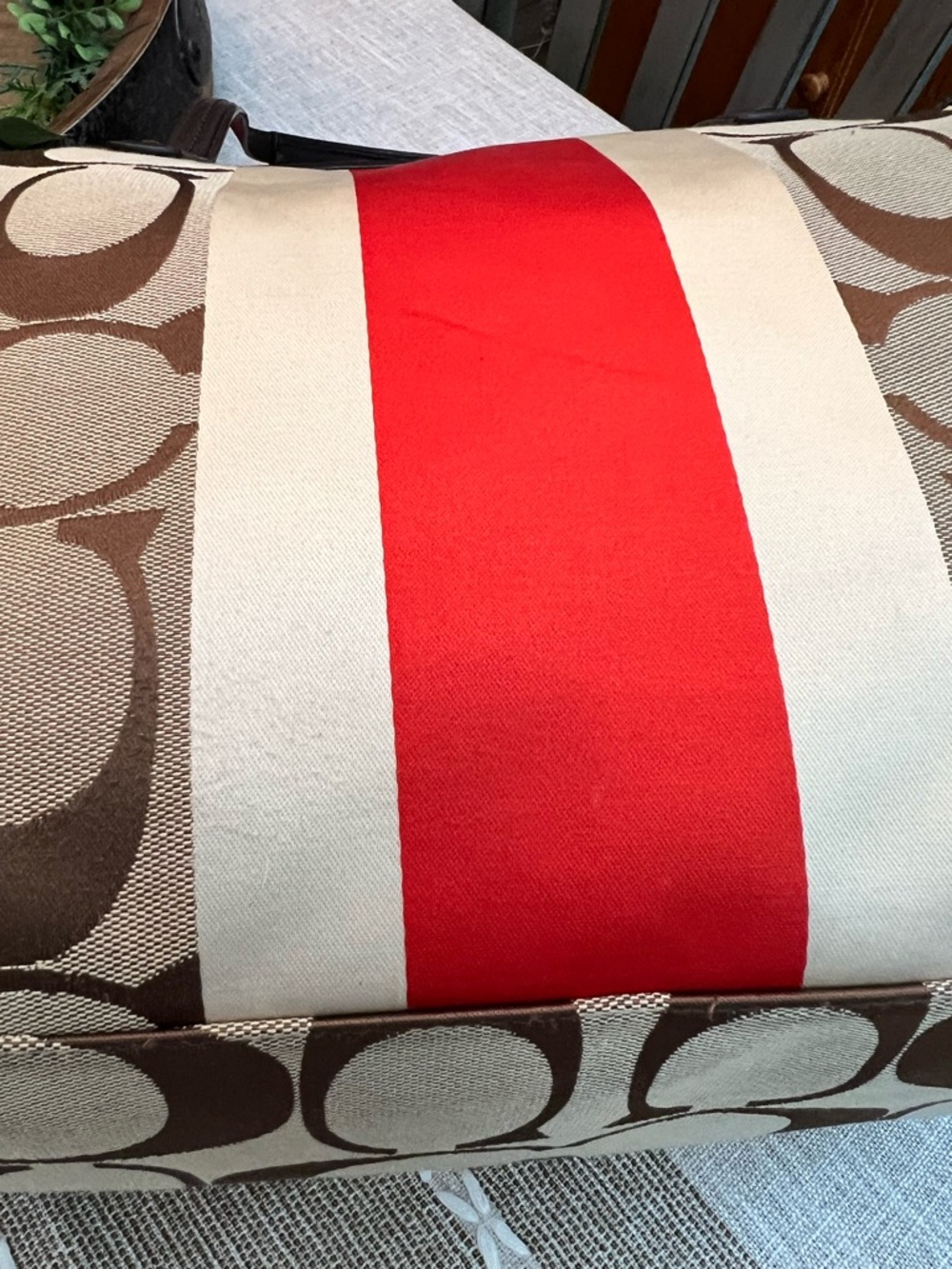 Coach Brown Signature Canvas Tote with Red and White Center Stripe - Picture 8 of 14